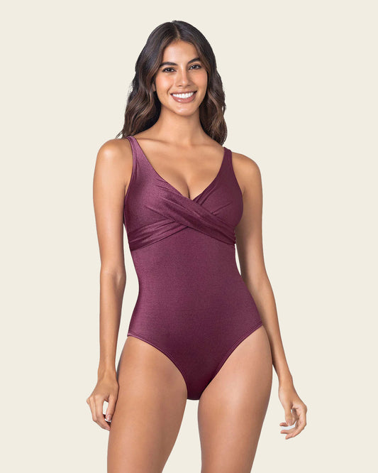 Bañador con compresión de abdomen y tela con brillo