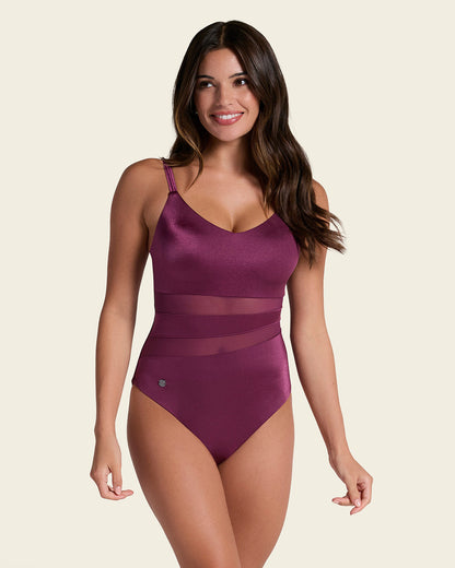 Bañador de control con franjas en tul y tela con brillo
